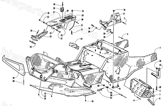 FRONT FRAME, FOOTREST, AND BELT GUARD ASSEMBLY diagram