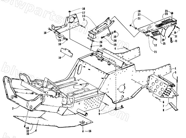 FRONT FRAME, FOOTREST, AND BELT GUARD ASSEMBLY diagram