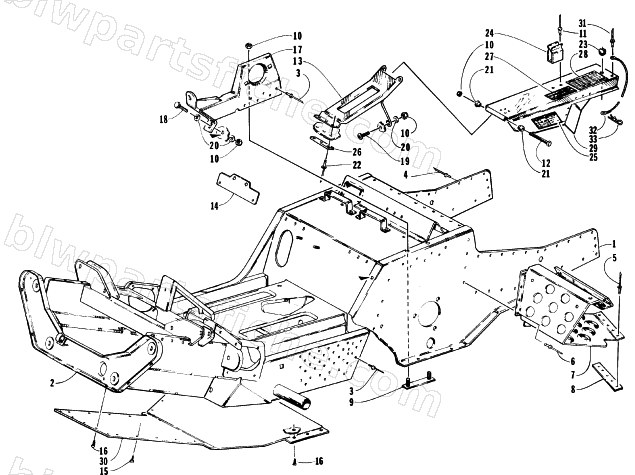 FRONT FRAME, FOOTREST, AND BELT GUARD ASSEMBLY diagram
