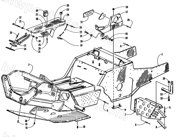 FRONT FRAME, FOOTREST, AND GUARD ASSEMBLY diagram