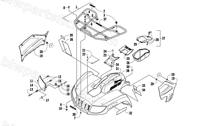 FRONT RACK, BODY PANEL, AND HEADLIGHT ASSEMBLIES diagram