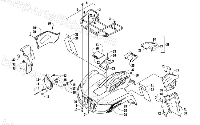 FRONT RACK, BODY PANEL, AND HEADLIGHT ASSEMBLIES diagram