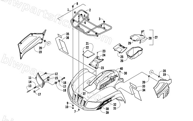 FRONT RACK, BODY PANEL, AND HEADLIGHT ASSEMBLIES diagram