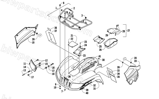 FRONT RACK, BODY PANEL, AND HEADLIGHT ASSEMBLIES diagram