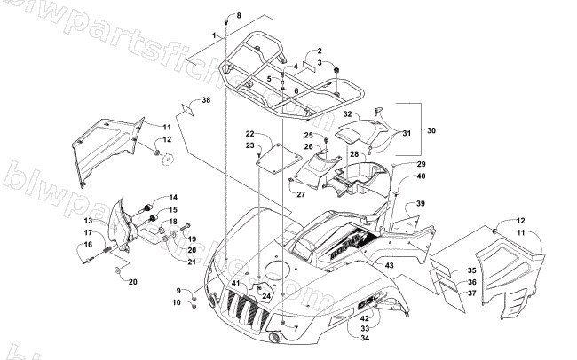 FRONT RACK, BODY PANEL, AND HEADLIGHT ASSEMBLIES diagram