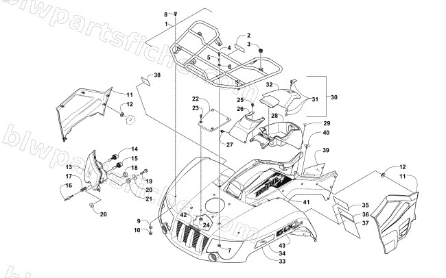 FRONT RACK, BODY PANEL, AND HEADLIGHT ASSEMBLIES diagram