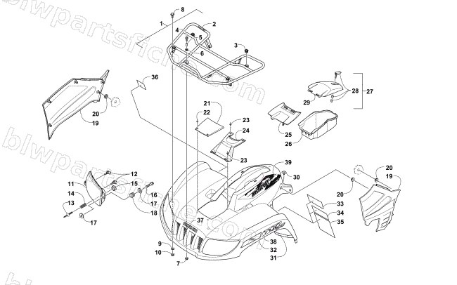 FRONT RACK, BODY PANEL, AND HEADLIGHT ASSEMBLIES diagram