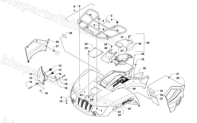 FRONT RACK, BODY PANEL, AND HEADLIGHT ASSEMBLIES diagram