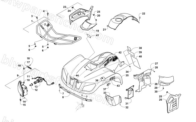 FRONT RACK, BODY PANEL, AND HEADLIGHT ASSEMBLIES diagram