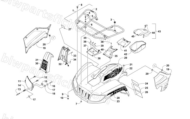 FRONT RACK, BODY PANEL, AND HEADLIGHT ASSEMBLIES diagram