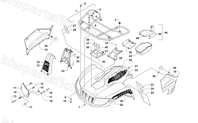 FRONT RACK, BODY PANEL, AND HEADLIGHT ASSEMBLIES diagram