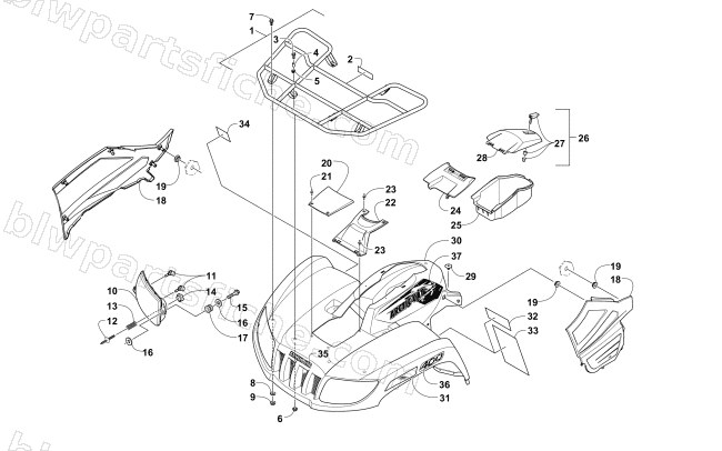 FRONT RACK, BODY PANEL, AND HEADLIGHT ASSEMBLIES diagram