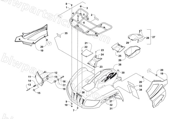 FRONT RACK, BODY PANEL, AND HEADLIGHT ASSEMBLIES diagram