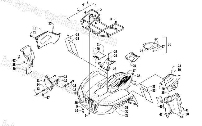 FRONT RACK, BODY PANEL, AND HEADLIGHT ASSEMBLIES diagram