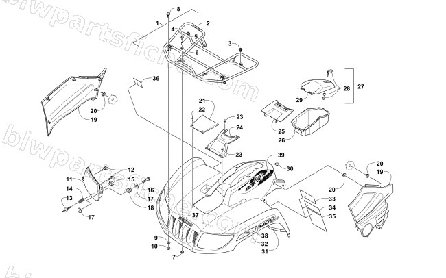 FRONT RACK, BODY PANEL, AND HEADLIGHT ASSEMBLIES diagram