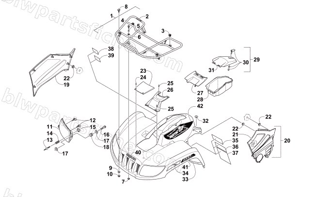 FRONT RACK, BODY PANEL, AND HEADLIGHT ASSEMBLIES diagram