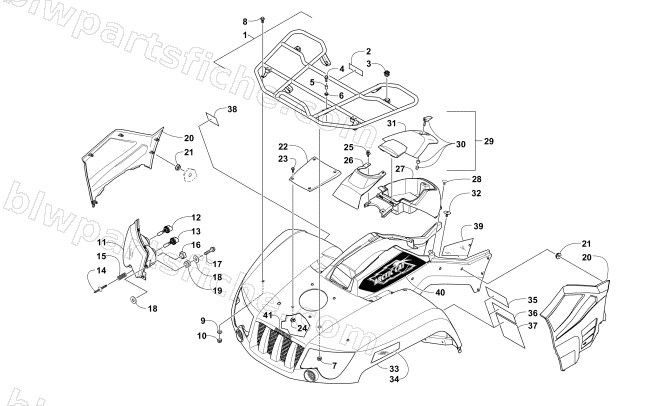 FRONT RACK, BODY PANEL, AND HEADLIGHT ASSEMBLIES diagram