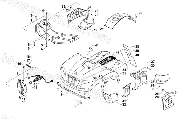 FRONT RACK, BODY PANEL, AND HEADLIGHT ASSEMBLIES diagram