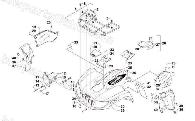 FRONT RACK, BODY PANEL, AND HEADLIGHT ASSEMBLIES diagram