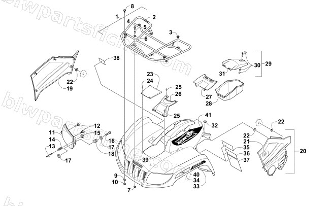 FRONT RACK, BODY PANEL, AND HEADLIGHT ASSEMBLIES diagram