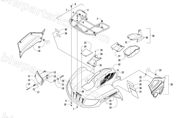 FRONT RACK, BODY PANEL, AND HEADLIGHT ASSEMBLIES diagram