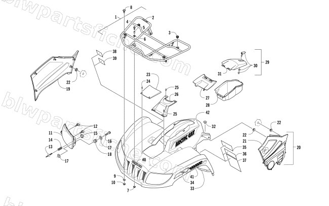 FRONT RACK, BODY PANEL, AND HEADLIGHT ASSEMBLIES diagram
