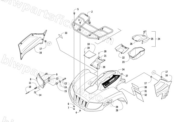 FRONT RACK, BODY PANEL, AND HEADLIGHT ASSEMBLIES diagram