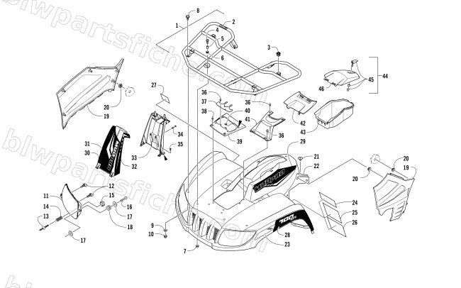 FRONT RACK, BODY PANEL, AND HEADLIGHT ASSEMBLIES diagram