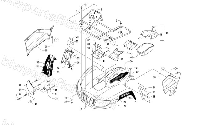 FRONT RACK, BODY PANEL, AND HEADLIGHT ASSEMBLIES diagram