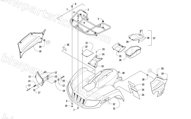 FRONT RACK, BODY PANEL, AND HEADLIGHT ASSEMBLIES diagram