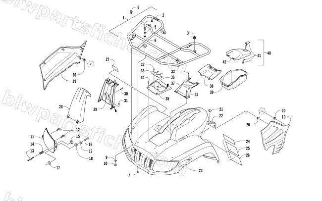 FRONT RACK, BODY PANEL, AND HEADLIGHT ASSEMBLIES diagram