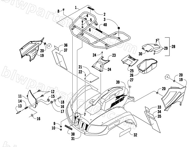 FRONT RACK, BODY PANEL, AND HEADLIGHT ASSEMBLIES diagram