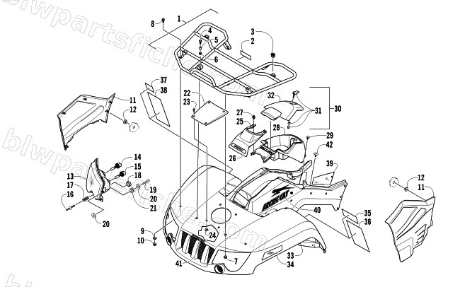FRONT RACK, BODY PANEL, AND HEADLIGHT ASSEMBLIES diagram