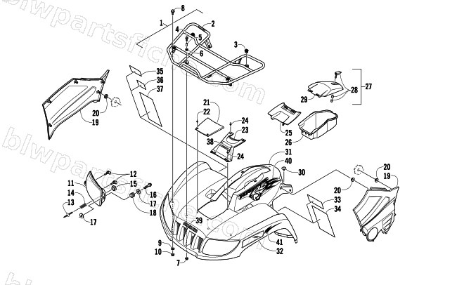 FRONT RACK, BODY PANEL, AND HEADLIGHT ASSEMBLIES diagram