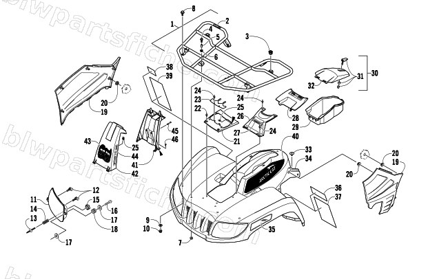 FRONT RACK, BODY PANEL, AND HEADLIGHT ASSEMBLIES diagram