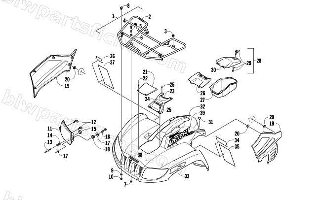 FRONT RACK, BODY PANEL, AND HEADLIGHT ASSEMBLIES diagram