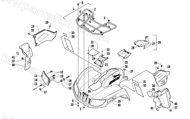 FRONT RACK, BODY PANEL, AND HEADLIGHT ASSEMBLIES diagram