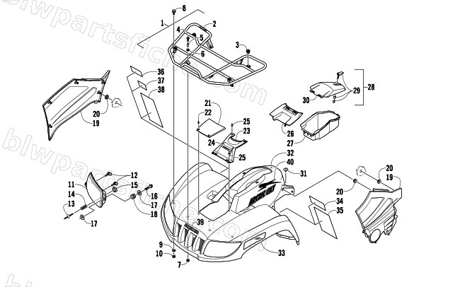 FRONT RACK, BODY PANEL, AND HEADLIGHT ASSEMBLIES diagram