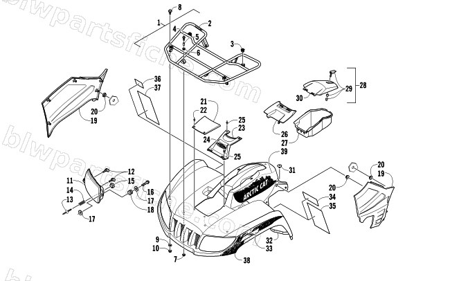 FRONT RACK, BODY PANEL, AND HEADLIGHT ASSEMBLIES diagram
