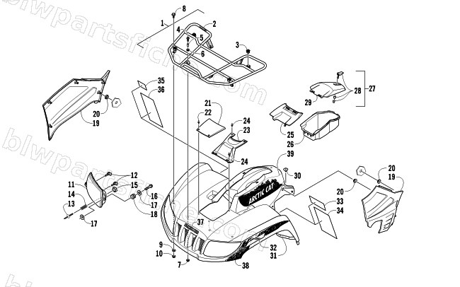 FRONT RACK, BODY PANEL, AND HEADLIGHT ASSEMBLIES diagram