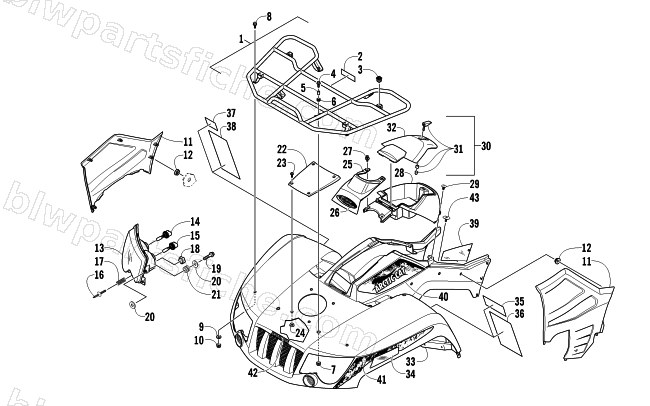 FRONT RACK, BODY PANEL, AND HEADLIGHT ASSEMBLIES diagram