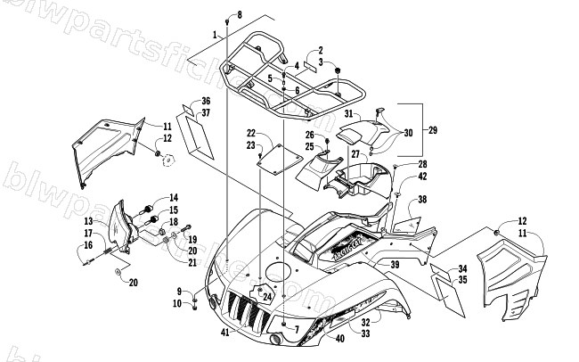 FRONT RACK, BODY PANEL, AND HEADLIGHT ASSEMBLIES diagram