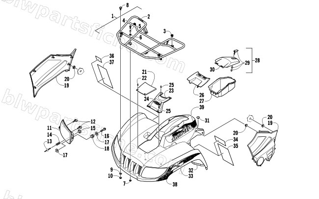 FRONT RACK, BODY PANEL, AND HEADLIGHT ASSEMBLIES diagram