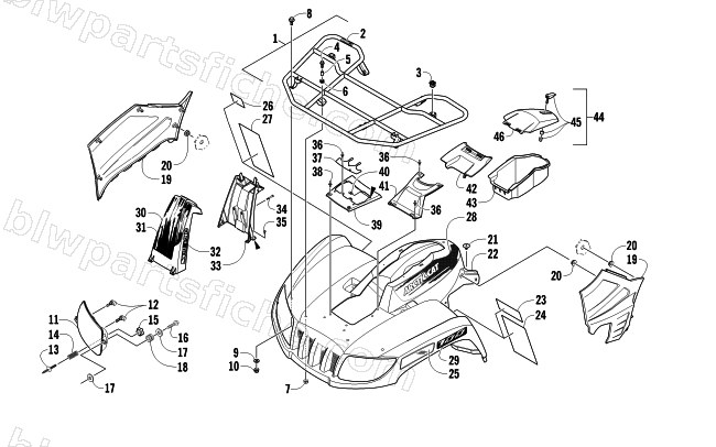 FRONT RACK, BODY PANEL, AND HEADLIGHT ASSEMBLIES diagram