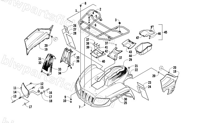 FRONT RACK, BODY PANEL, AND HEADLIGHT ASSEMBLIES diagram
