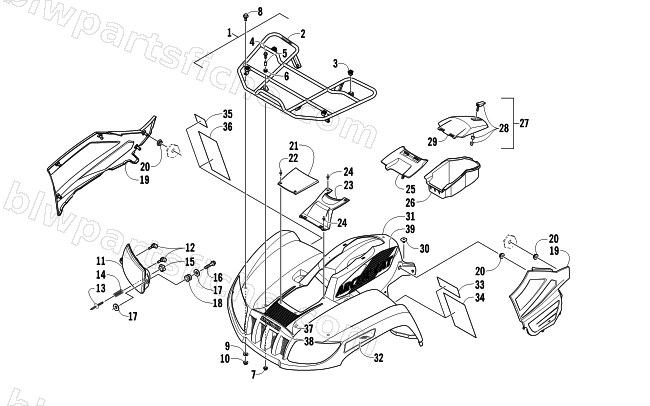 FRONT RACK, BODY PANEL, AND HEADLIGHT ASSEMBLIES diagram