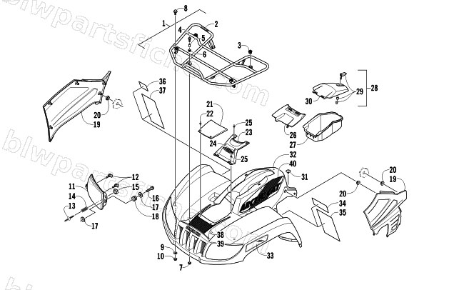 FRONT RACK, BODY PANEL, AND HEADLIGHT ASSEMBLIES diagram