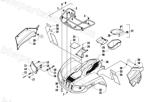 FRONT RACK, BODY PANEL, AND HEADLIGHT ASSEMBLIES diagram