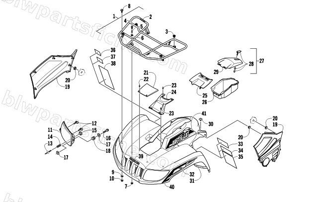 FRONT RACK, BODY PANEL, AND HEADLIGHT ASSEMBLIES diagram