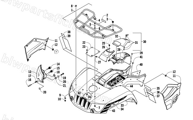 FRONT RACK, BODY PANEL, AND HEADLIGHT ASSEMBLIES diagram